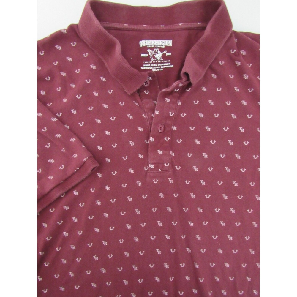 Vintage True Religion Monogram Burgundy Polo Shirt Sz L‎ 100% Cotton Distress